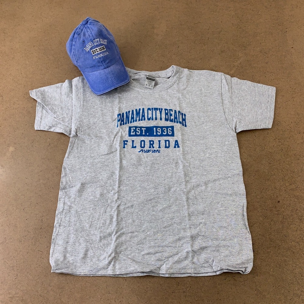 Surf Style Youth Size Medium Gray Blue Panama City Beach Florida Hat T-Shirt Set